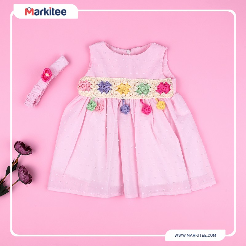 Cute-summer-dress-hair-band-high-quality-cotton-with-delicate-crochet-flowers-Rose-color-size-3-6-months-NL-509A-R2